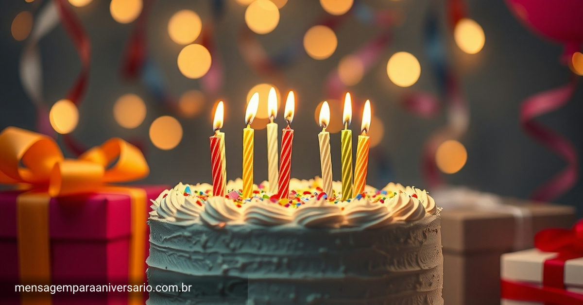 Cena festiva de aniversário com bolo decorado, velas acesas, balões coloridos, confete espalhado, presentes embrulhados e luzes bokeh.