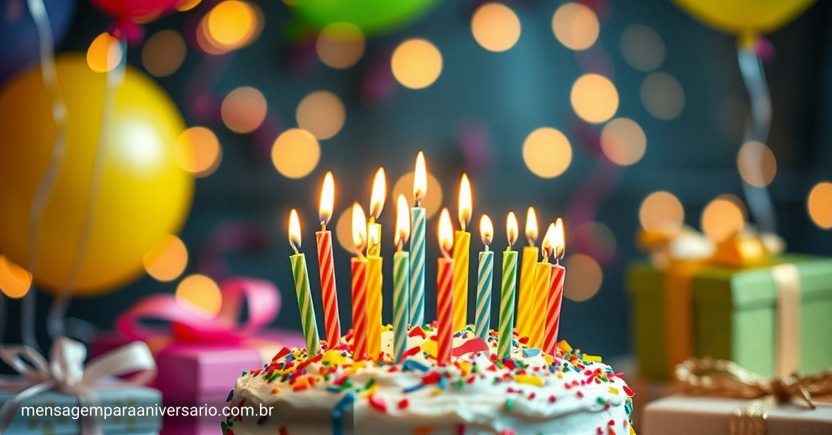 Uma cena festiva de aniversário com um bolo colorido, velas acesas, balões, confetes e luzes bokeh.