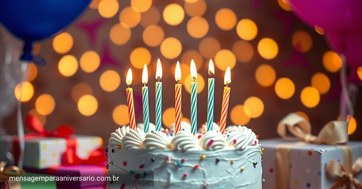 Cena festiva de aniversário com bolo, velas, balões coloridos, confete e luzes bokeh.