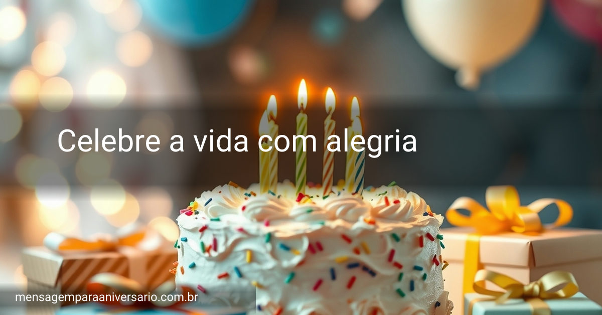 Uma cena festiva com um bolo colorido, velas acesas, balões, confete e luzes bokeh.