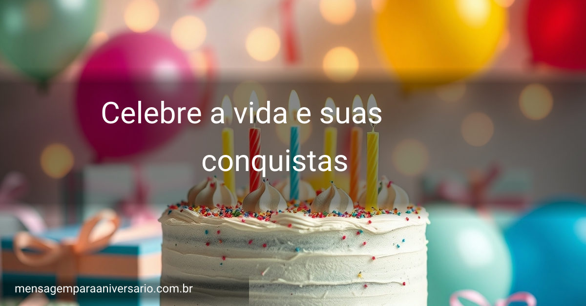 Um bolo de aniversário decorado com velas e balões coloridos em um ambiente festivo.