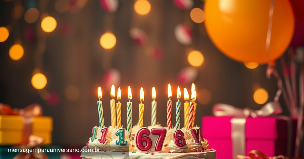 Cena festiva com bolo, velas, balões, confete e luzes bokeh.