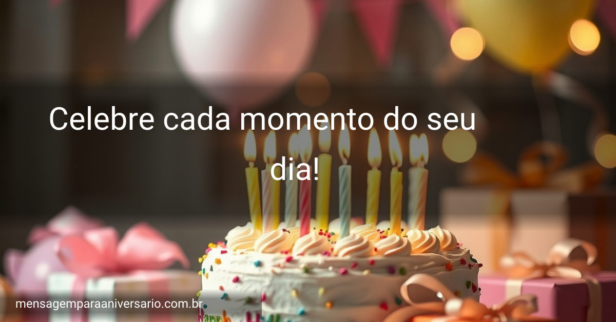 Uma cena festiva de aniversário com um bolo, velas, balões, confetes, presentes e luzes bokeh.