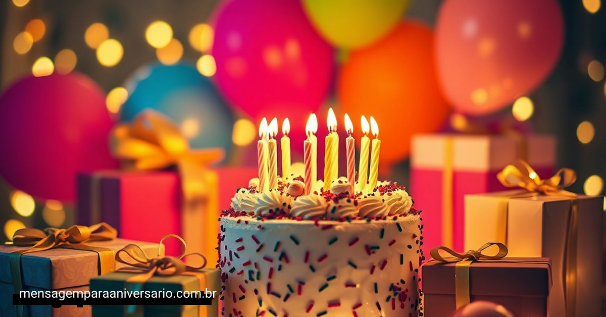 Uma decoração de aniversário festiva com presentes e balões, cercados por luzes cintilantes.
