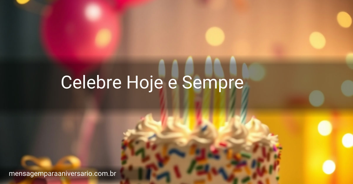Cena festiva de aniversário com um bolo colorido, velas acesas, balões, confetes e luzes bokeh.