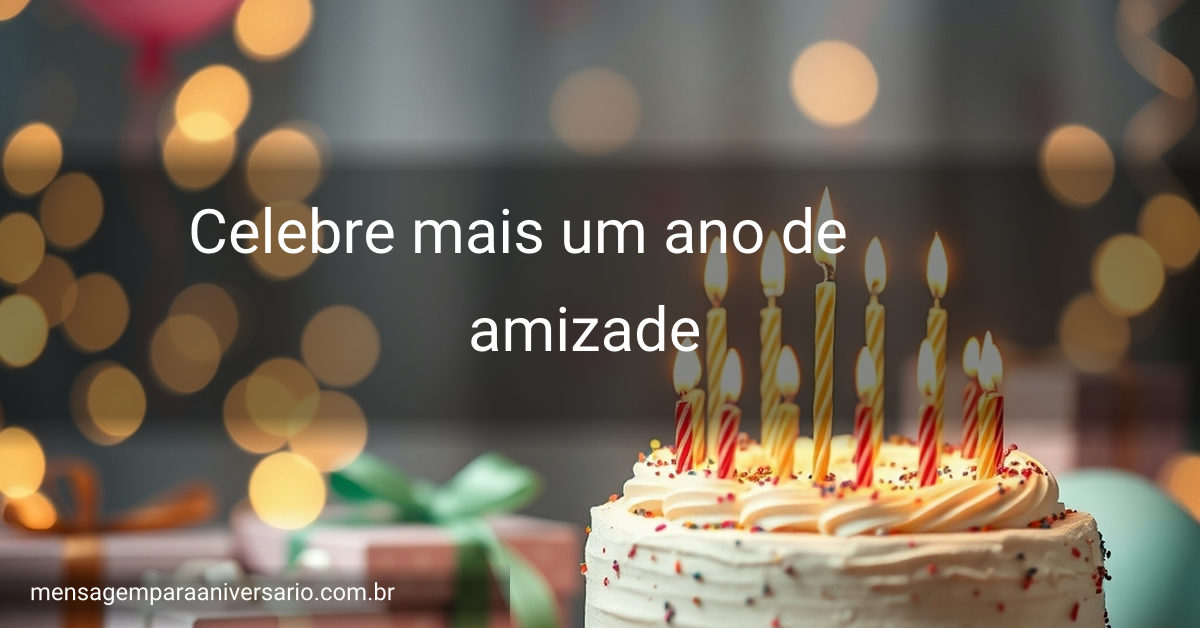 Cena festiva de aniversário com bolo, velas, balões, confete e presentes.