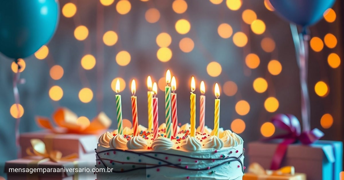 Uma cena festiva de aniversário com bolo, velas, balões e confetes.