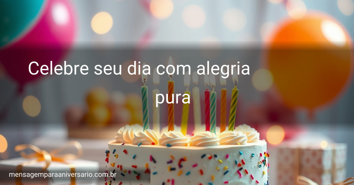 Cena festiva de aniversário com bolo, velas, balões, confete e presentes.