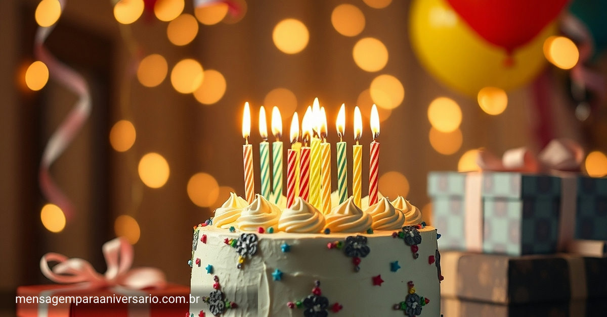 Cena festiva de aniversário com bolo, velas, balões e confetes.