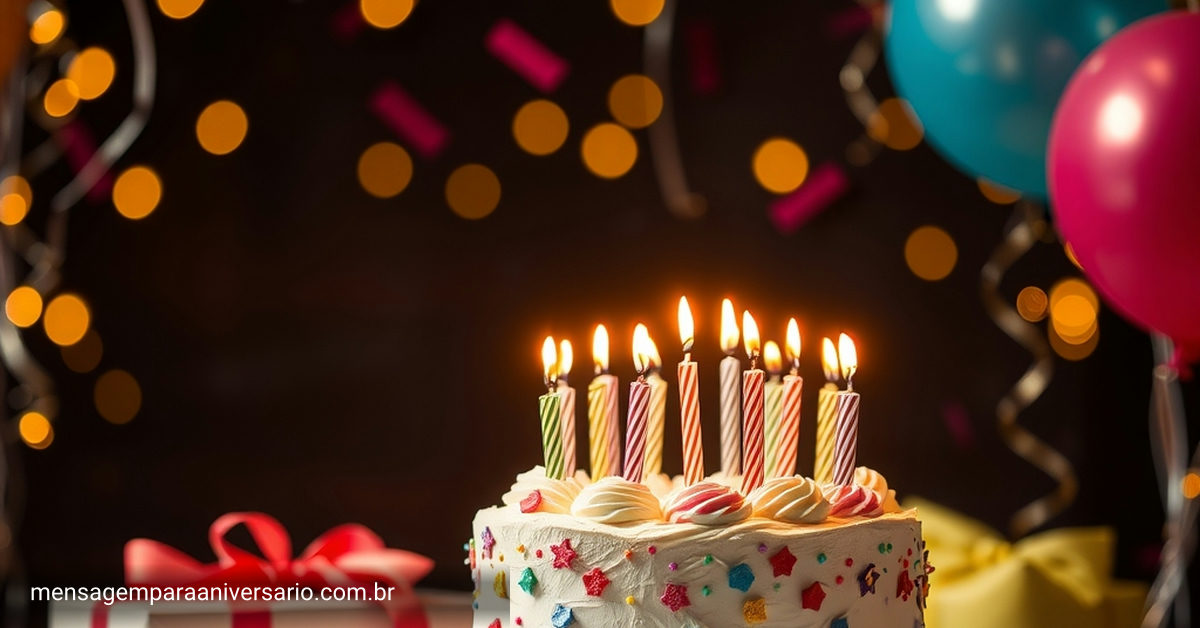 Cena festiva de aniversário com bolo, velas, balões, confete e presentes.