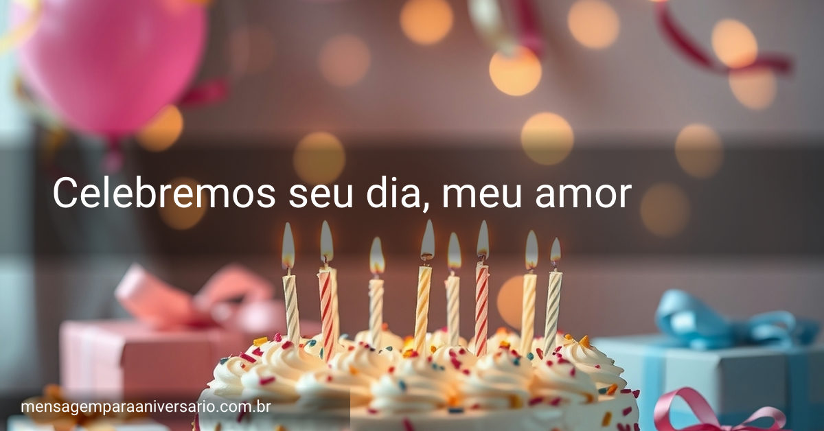 Uma cena festiva de aniversário com um bolo decorado, velas acesas, balões coloridos, serpentina e luzes bokeh ao fundo.