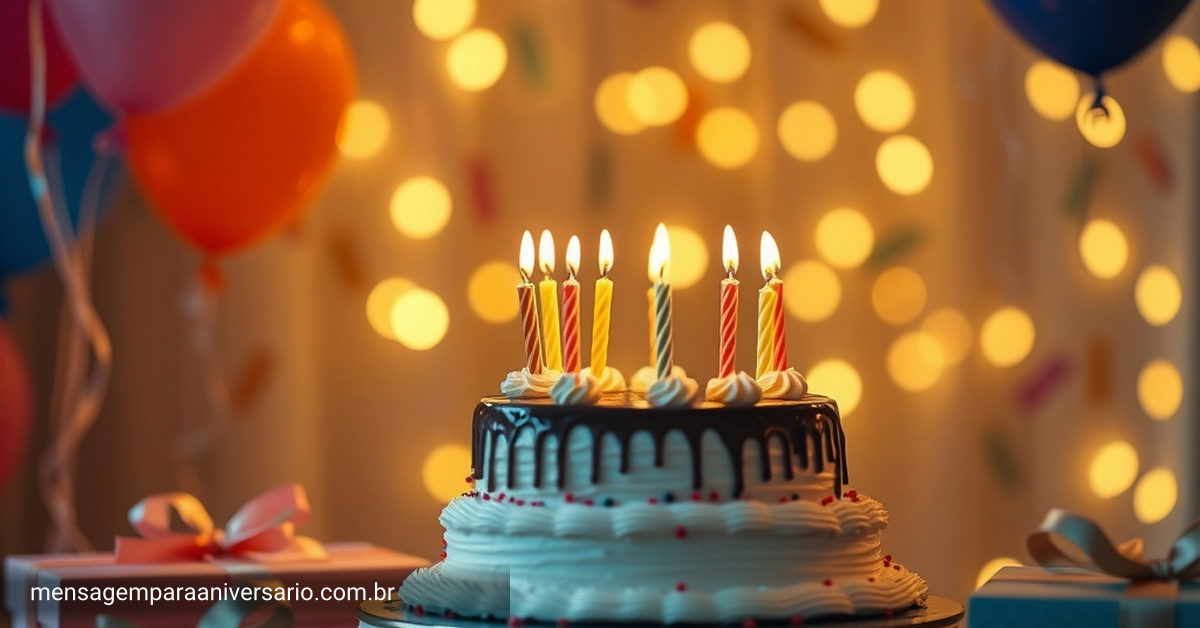 Uma cena festiva de aniversário com balões coloridos, um bolo decorado com velas e confete ao redor.