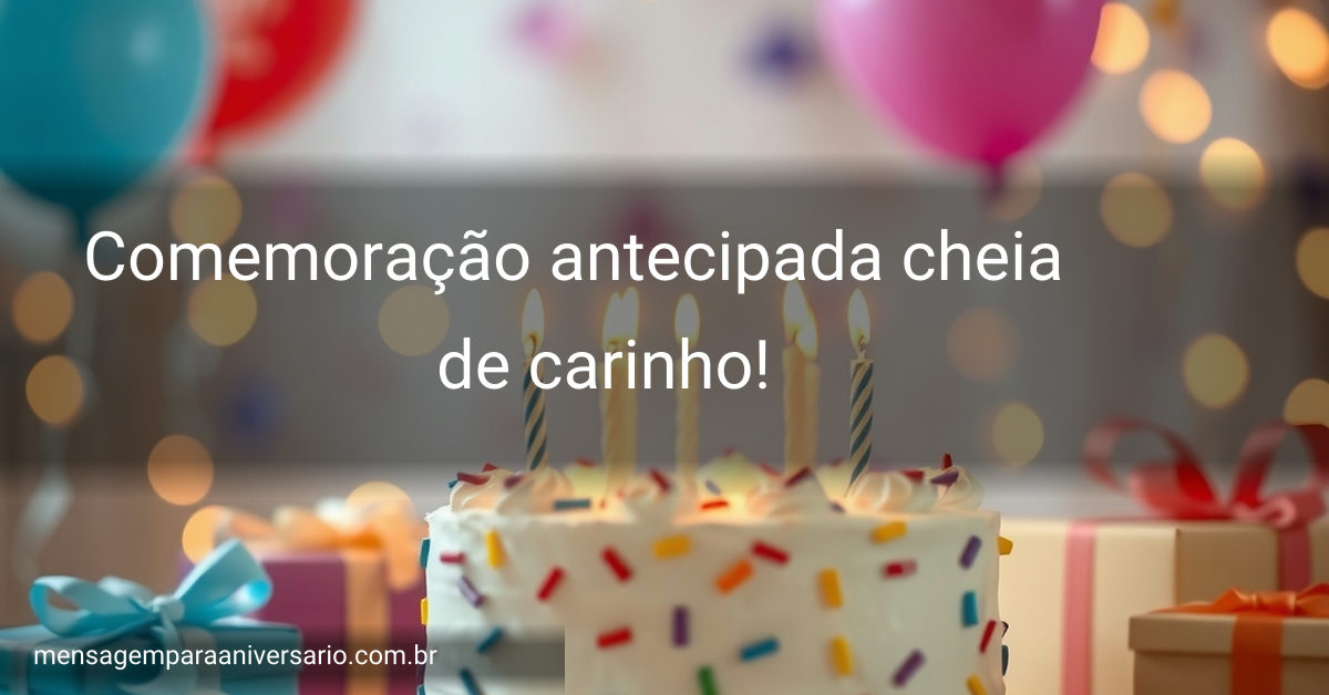 Uma mesa com um bolo de aniversário, velas brilhantes, balões flutuando e confetes, criando um ambiente festivo.