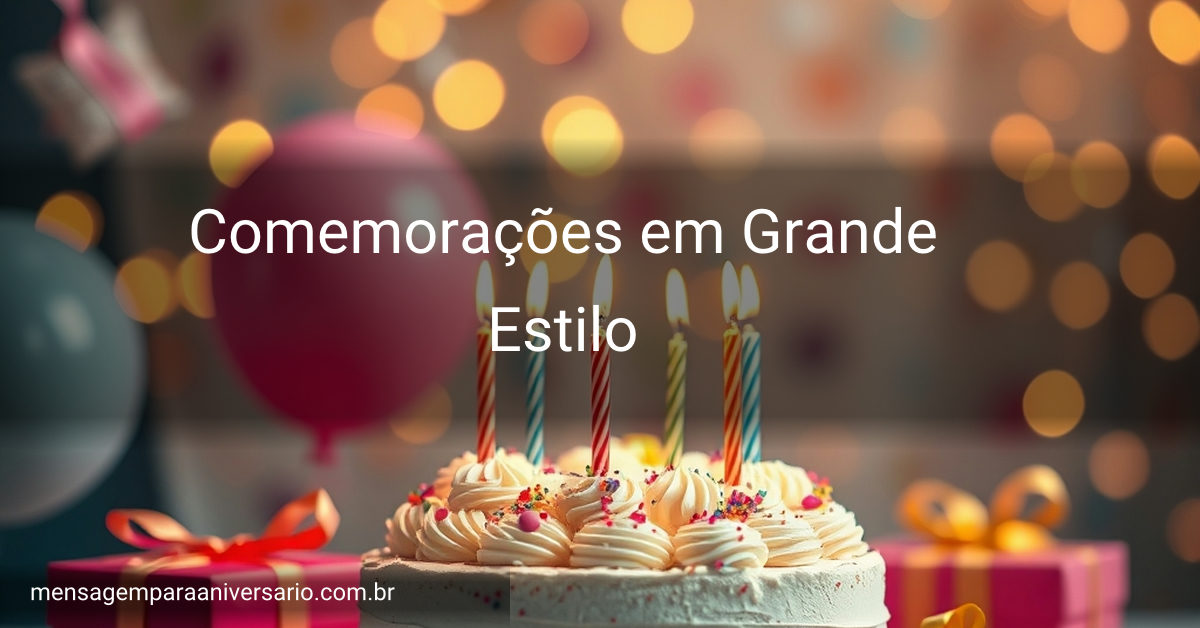 Uma cena festiva de aniversário com um bolo decorado, balões coloridos e confetes.