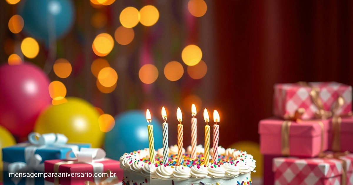 mesa de festa de aniversário colorida com bolo, balões e confete
