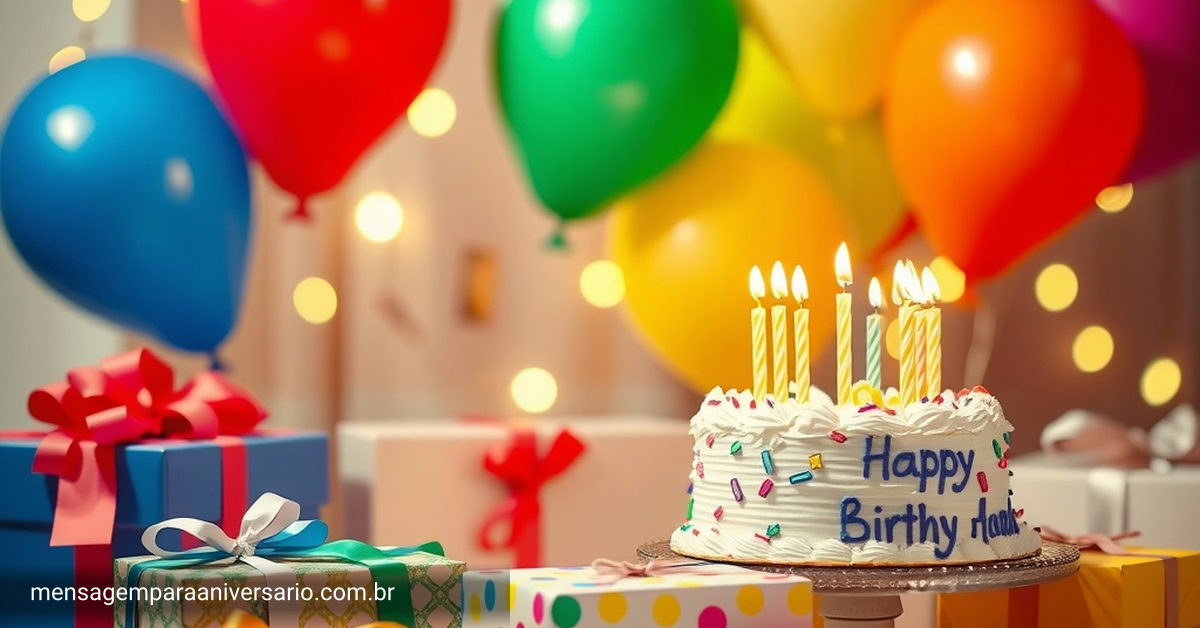 cena festiva de aniversário com balões coloridos, presentes bem embrulhados, mesa decorada com bolo e confete