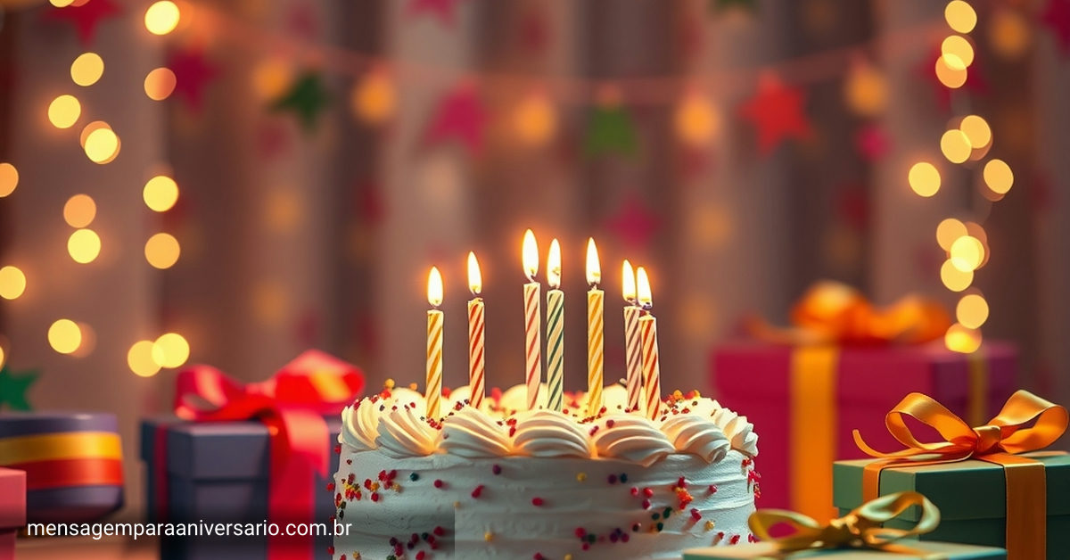 cena festiva de aniversário com bolo, balões, confete e decoração colorida