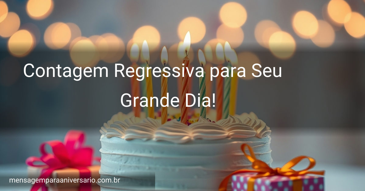 Uma cena festiva de aniversário com bolo, balões, presentes e luzes em foco desfocado.