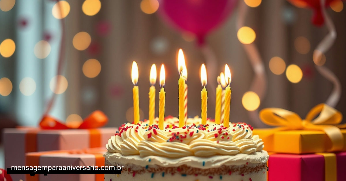Cena festiva de aniversário com bolo, velas, balões, confete e presentes.