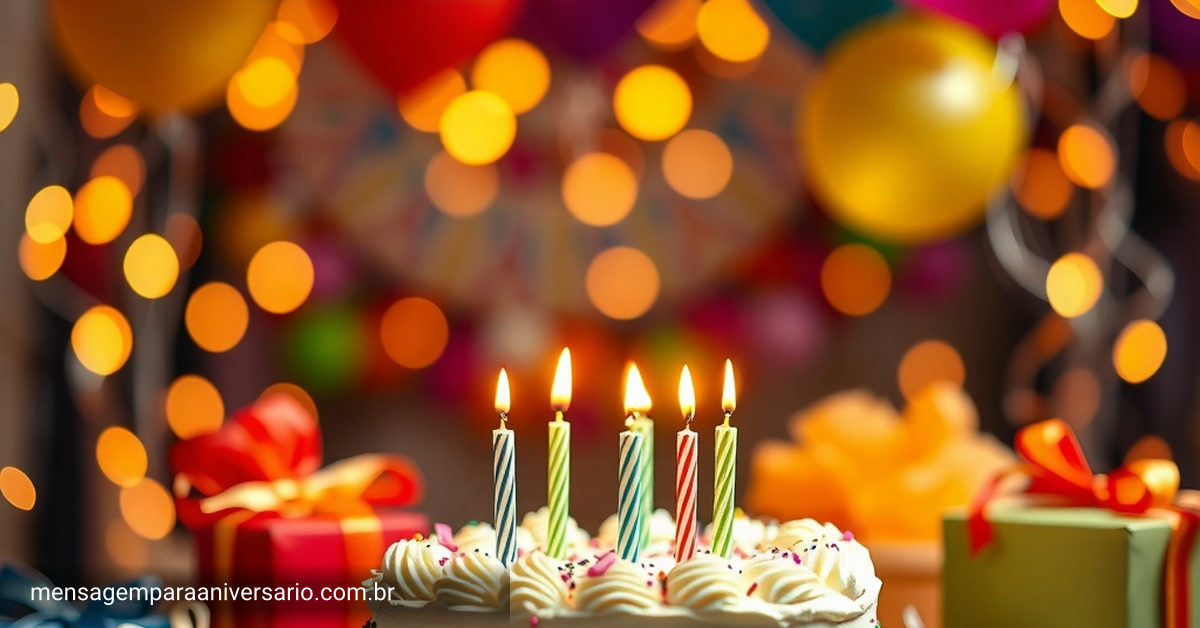 decoração festiva de aniversário com balões coloridos, bolo, confete e luzes bokeh quentes
