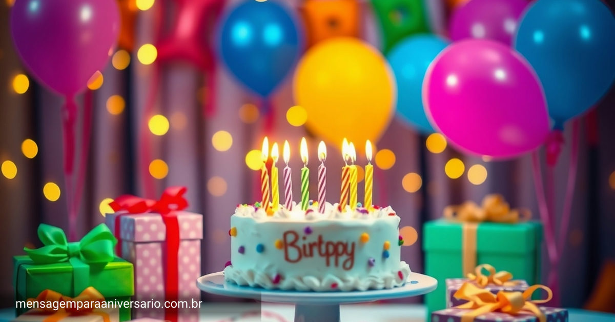 mesa de aniversário decorada com balões coloridos e bolo, luzes quentes de bokeh