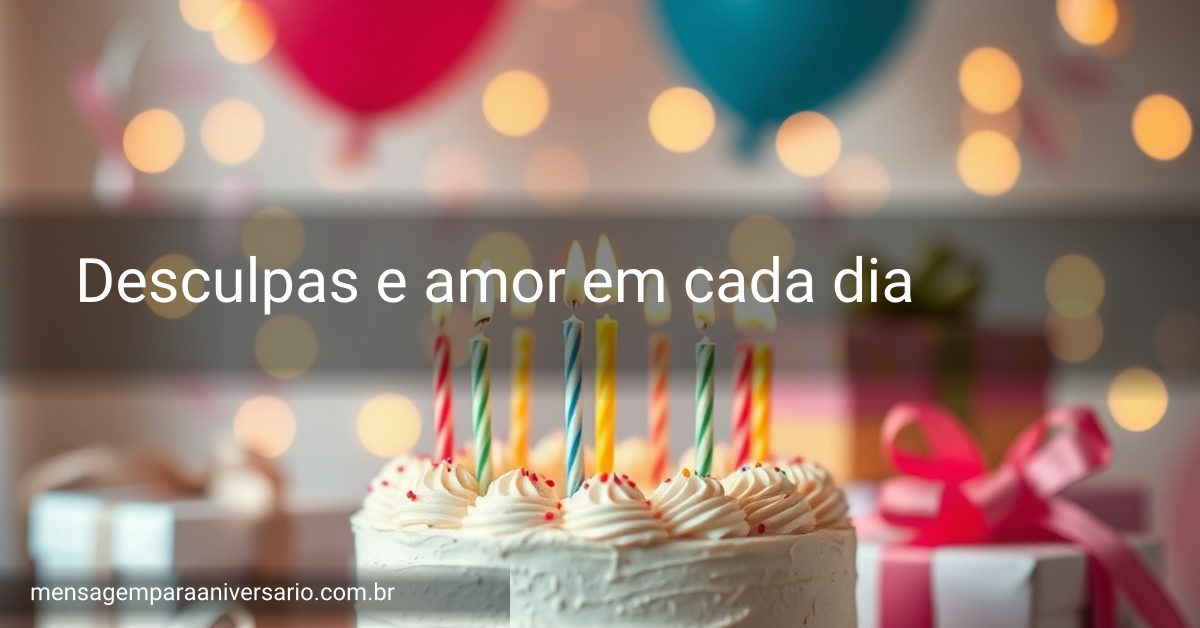 Cena festiva de aniversário com bolo, velas, balões, confete e presentes.