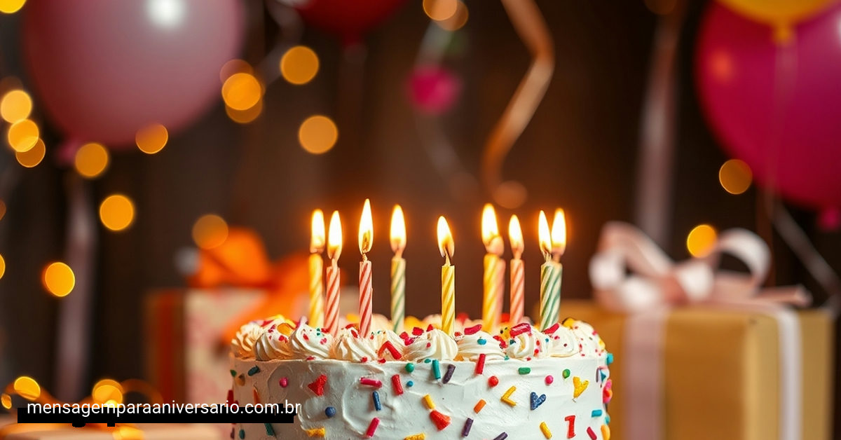 Cena festiva de aniversário com um bolo colorido, velas acesas, balões, confete e luzes bokeh.