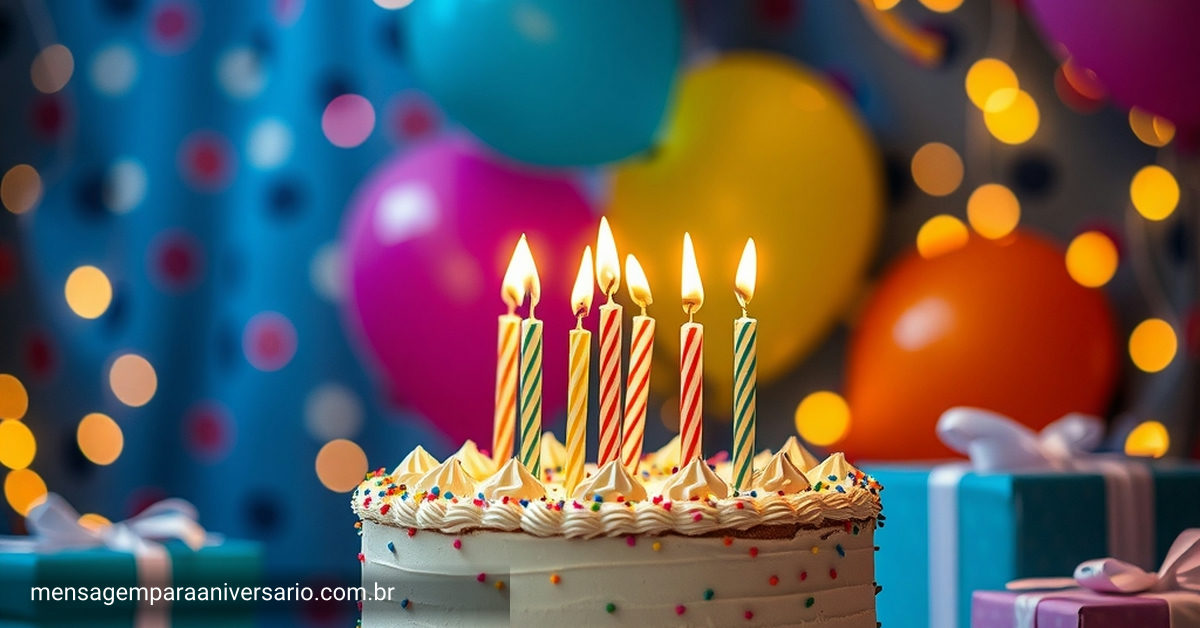Cena festiva de aniversário com um bolo, velas acesas, balões coloridos, confete e luzes desfocadas.