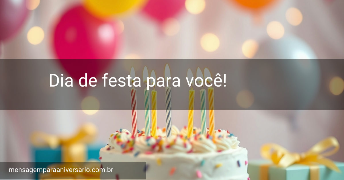 Uma mesa festiva com um bolo, velas, balões coloridos e muitos presentes.