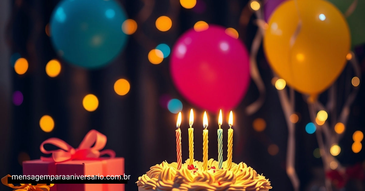 Uma cena de aniversário festiva com mesa decorada, bolo, velas, balões coloridos e luzes brilhantes.