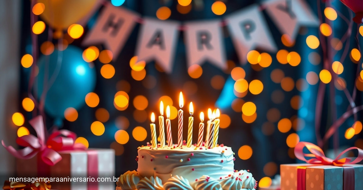 cena festiva de aniversário com decoração elegante, bolo, balões e luzes bokeh quentes.