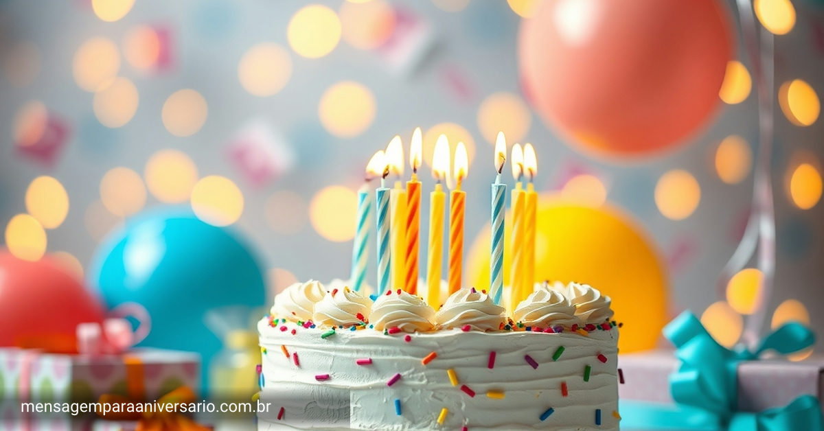 Uma cena festiva de aniversário com um bolo colorido, velas acesas, balões em várias cores, confetes espalhados e luzes bokeh ao fundo.