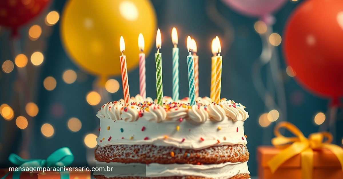 Um bolo de aniversário bem decorado com camadas, velas acesas, cercado por balões coloridos e brilhos.