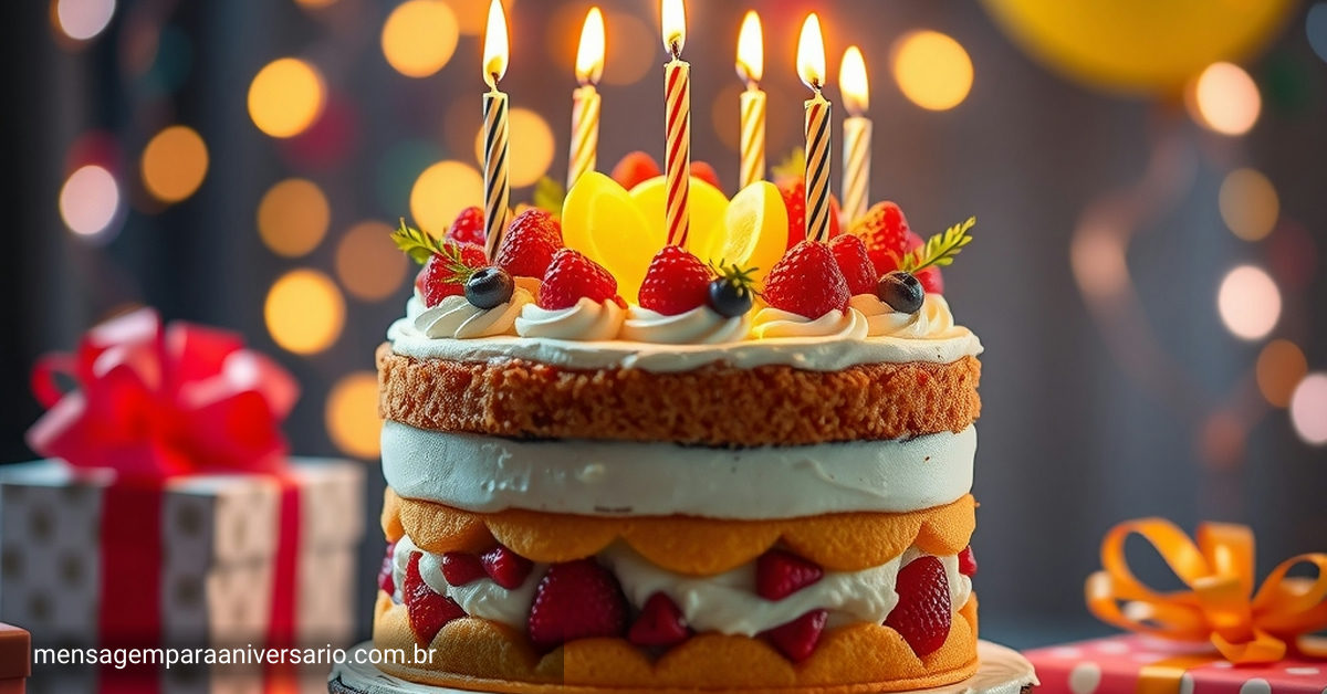 bolo de aniversário colorido com camadas, decorado com frutas frescas e flores, luzes bokeh quentes.