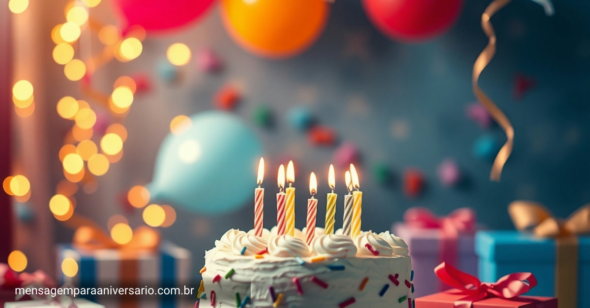 Cena festiva de aniversário com decoração colorida, bolo, balões e confete.