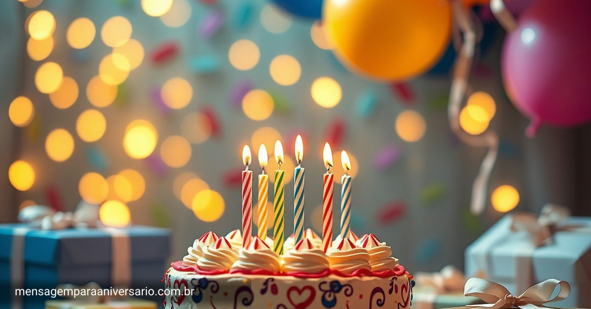 decoração festiva de aniversário com bolo, balões e confete