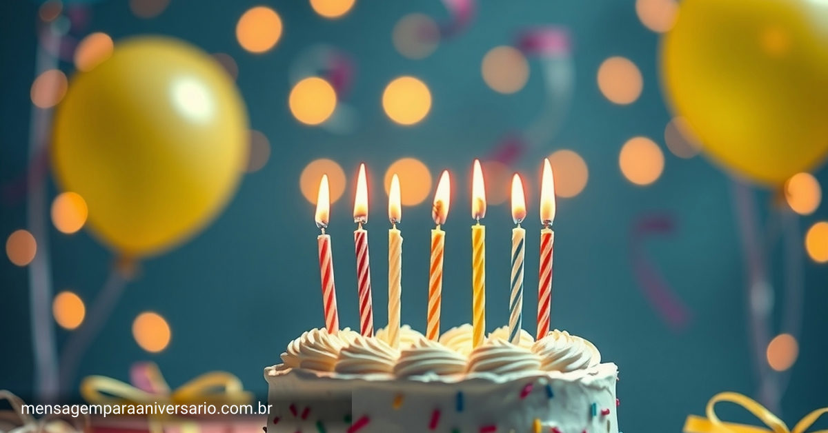 Ambiente festivo de aniversário com um bolo recheado, diversas velas, balões coloridos, confete e uma pilha de presentes, tudo iluminado por luzes bokeh.
