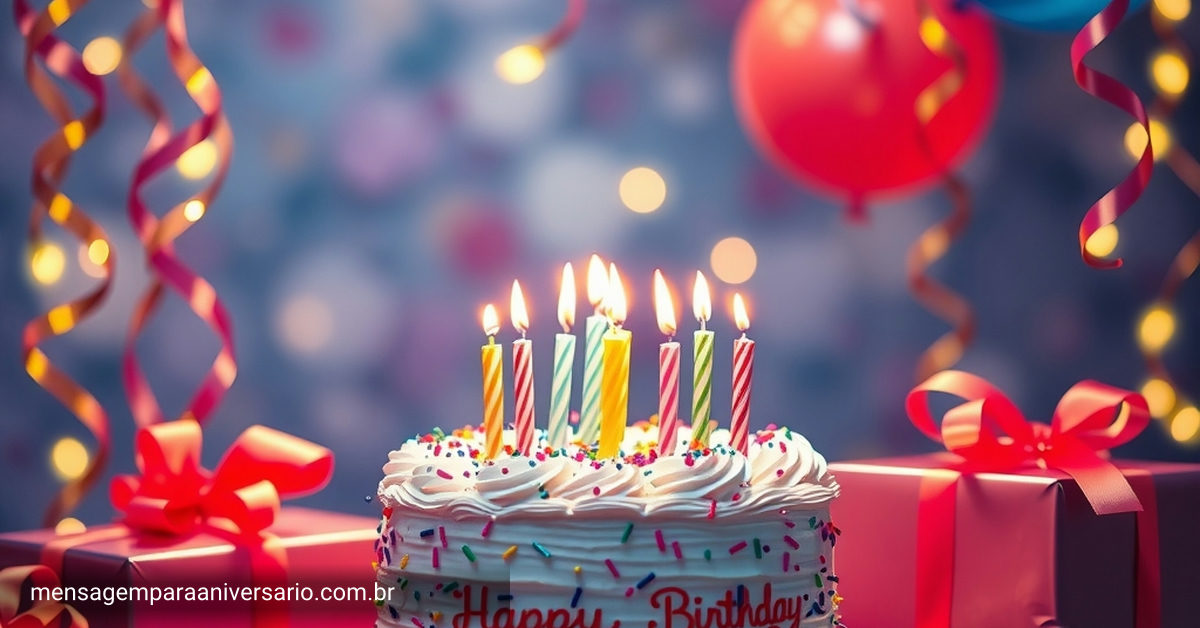 Uma cena vibrante de aniversário com um bolo decorado, serpentinas coloridas e presentes embrulhados em papel brilhante.