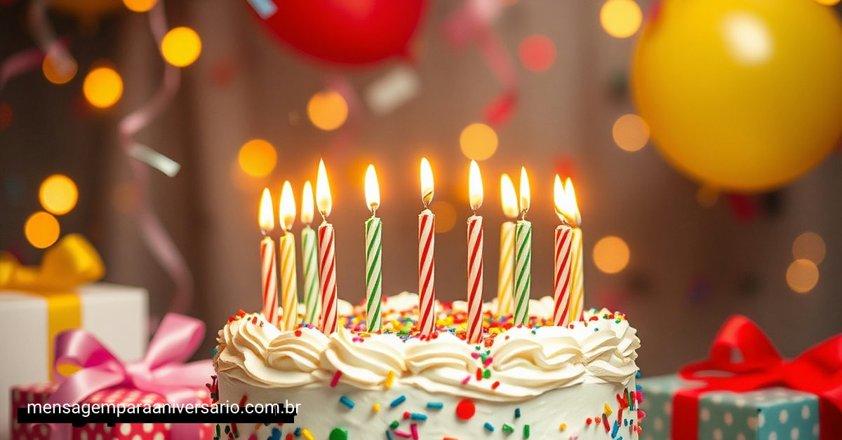 Um ambiente de aniversário alegre com um bolo colorido e velas brilhantes, confetes caindo.