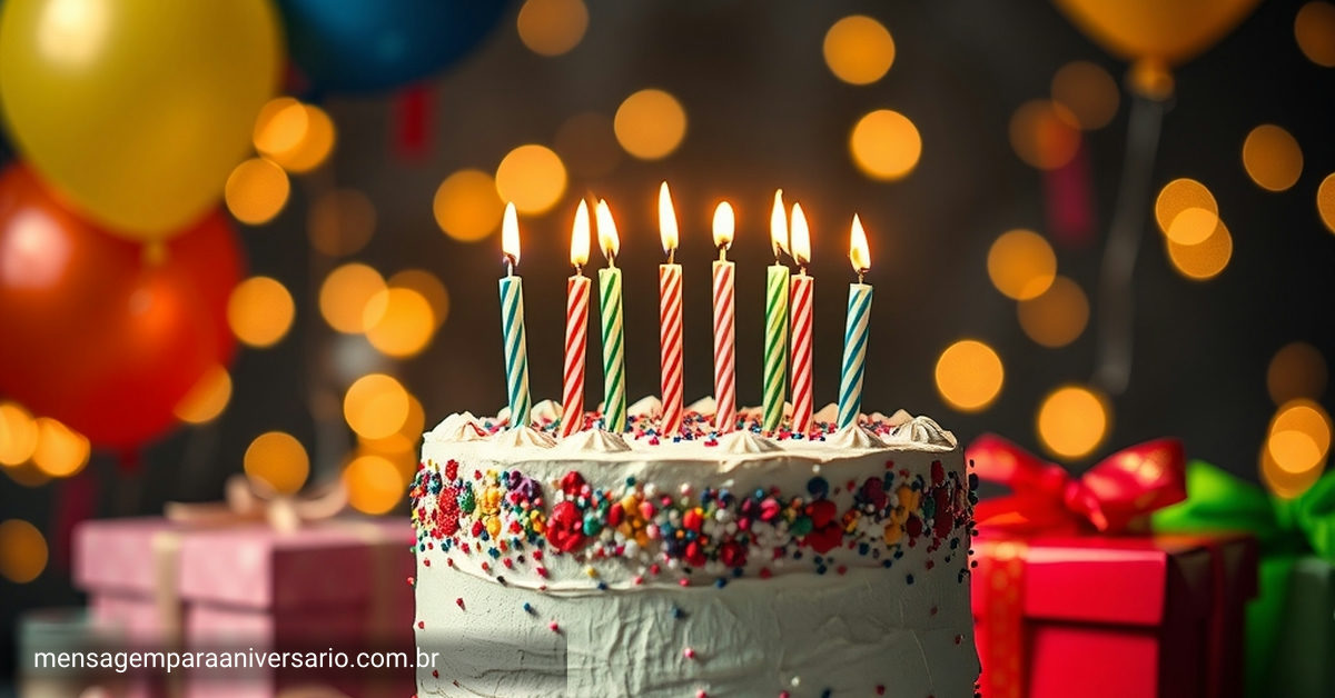 Cenário festivo de aniversário com bolo, velas, balões e confetes.