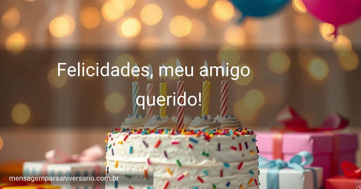 Uma cena festiva de aniversário com bolo, velas, balões, confetes, presentes e luzes bokeh.