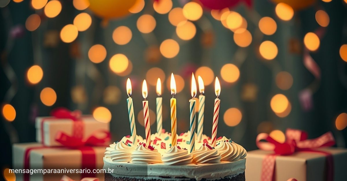 Uma cena de festa de aniversário com bolo, velas, balões e confetes.