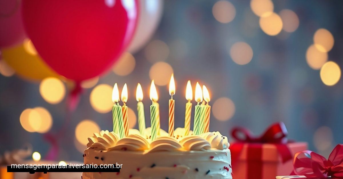 Cena festiva de aniversário com bolo, velas, balões e confete.