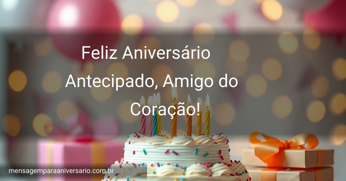 Uma cena festiva de aniversário com bolo, balões, presentes e luzes em foco desfocado.