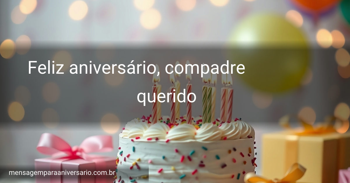 Uma mesa decorada com um lindo bolo de aniversário, velas acesas, balões coloridos e presentes embrulhados, rodeada de confete e luzes desfocadas.