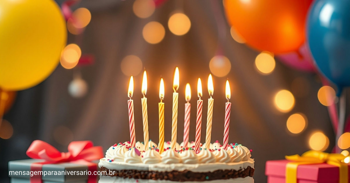 Cena festiva de aniversário com bolo decorado, velas acesas, balões coloridos, confete espalhado e luzes bokeh.