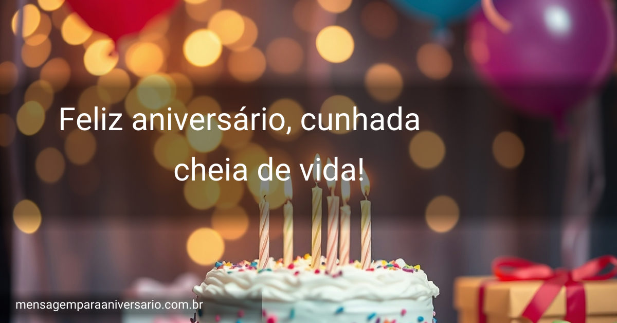 Cena vibrante de aniversário com balões coloridos, um bolo decorado, velas e luzes brilhantes ao fundo.