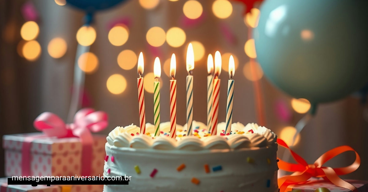 Cena festiva de aniversário com bolo, velas, balões, confetes e luzes desfocadas.