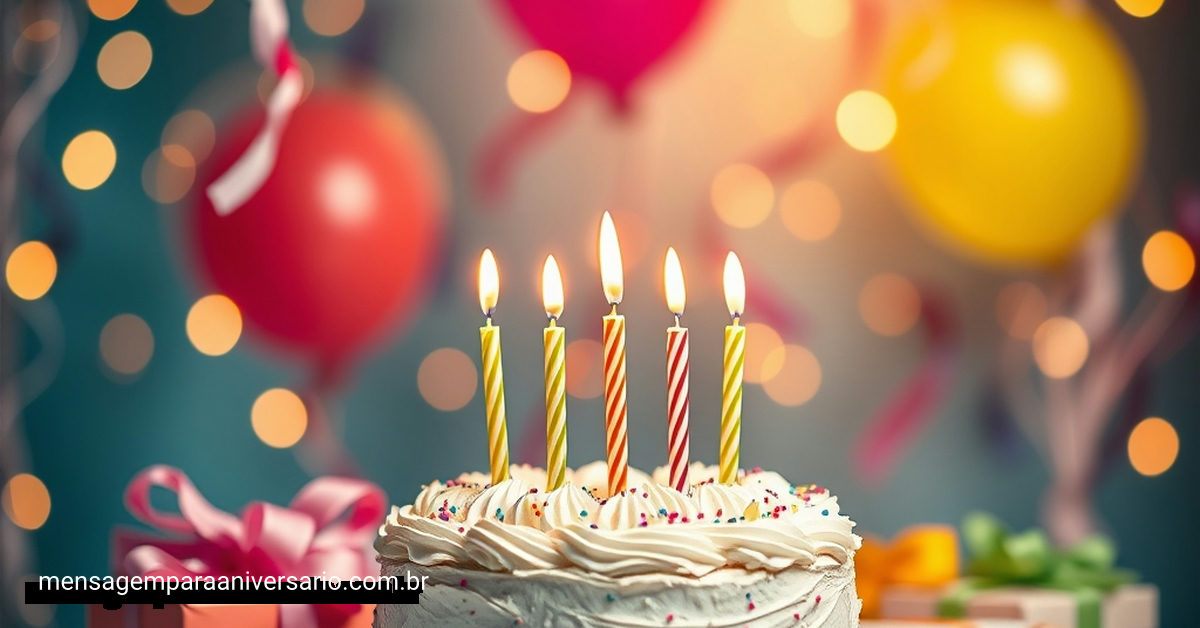 Cena festiva de aniversário com bolo, velas, balões, confete e luzes bokeh.