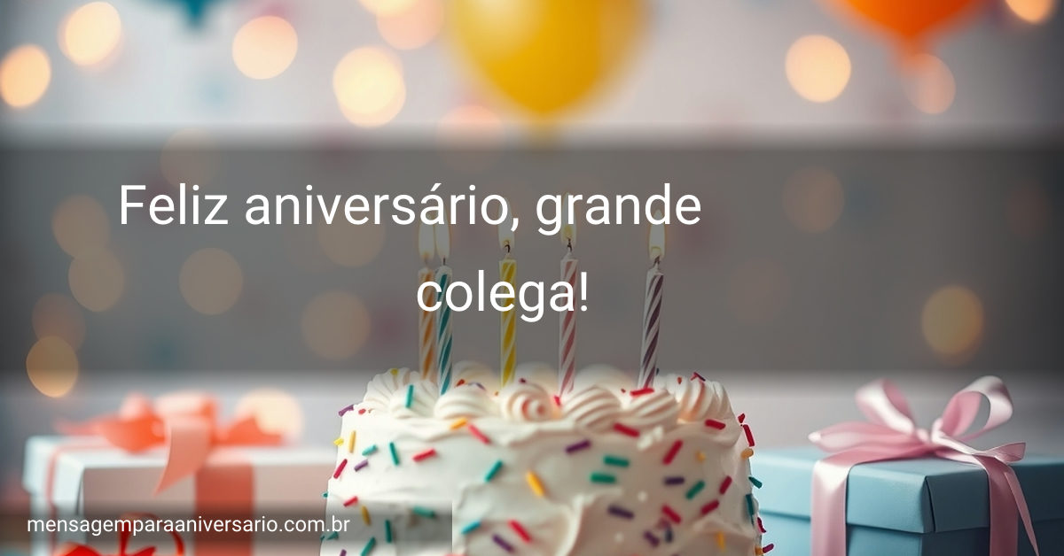Cena festiva com bolo, velas, balões coloridos, confetes e presentes.